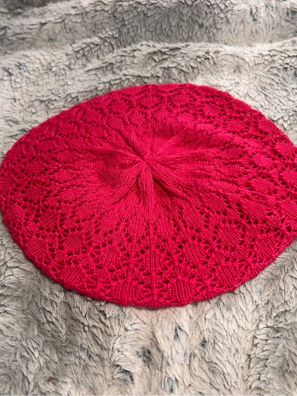 Pink Crochet Pointelle Knit Beret Hat